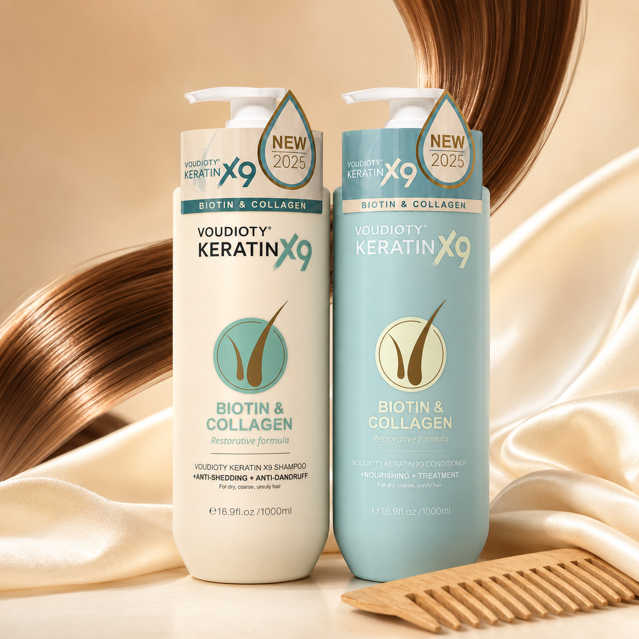 [ NEW 2025] Bộ Gội & Xả VOUDIOTY KERATIN X9 BIOTIN & COLLAGEN Strength Complex™ (1000ml/chai)